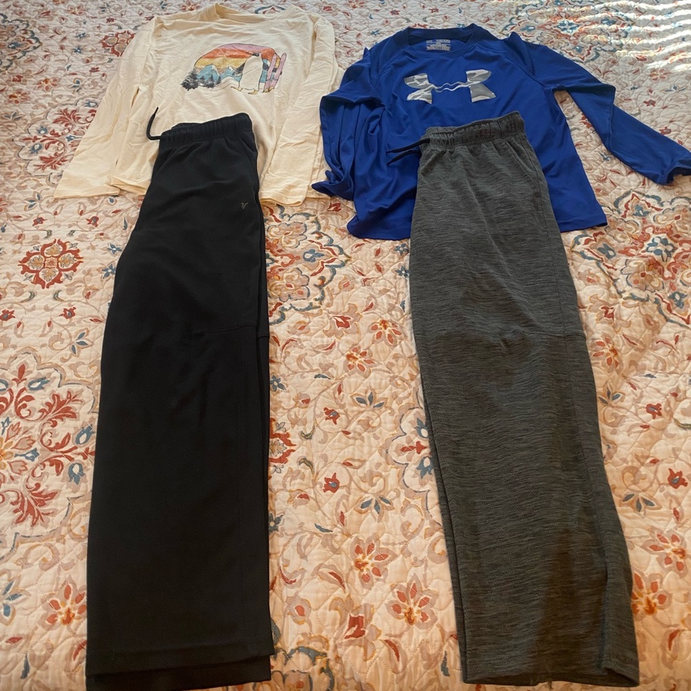 Boys size L 10-12 Lot: 2 Old Navy Active pants 2 Tops Under Amour and Cat & Jack